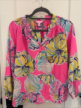 Lilly Pulitzer Bright Pink Floral Split-Neck Blouse